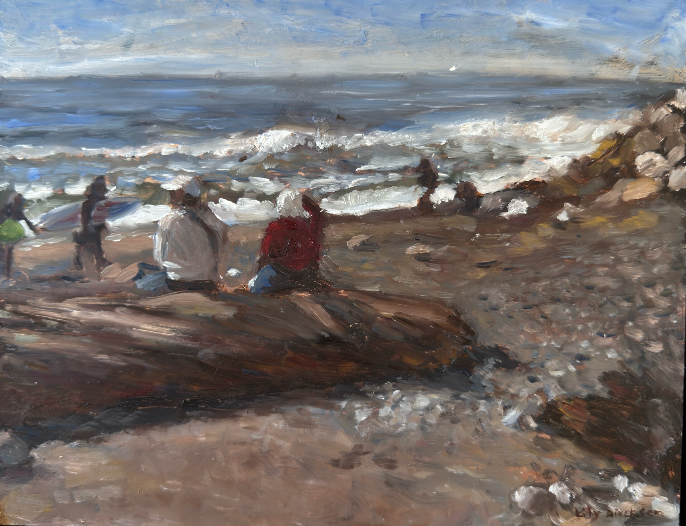 Oil painting of figures on a beach at sunset