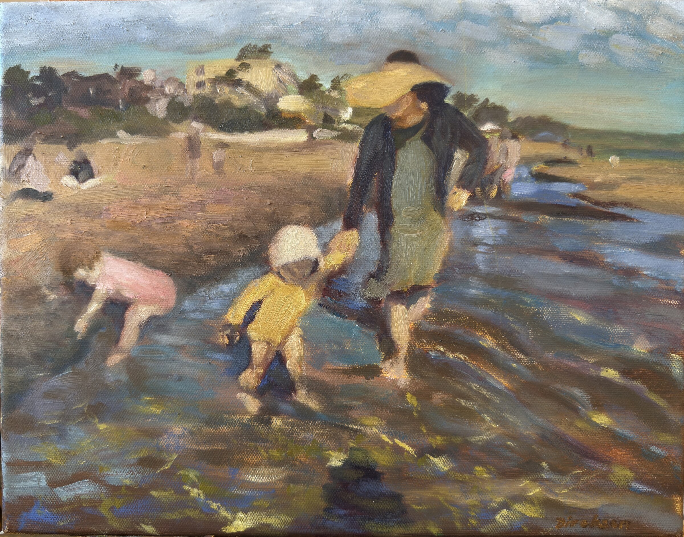 Oil painting of a parent and children wading at the shore