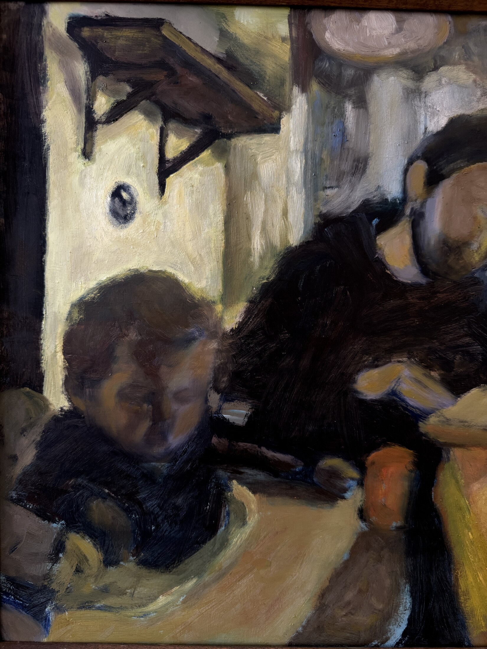 Oil painting of a parent and child in a kitchen